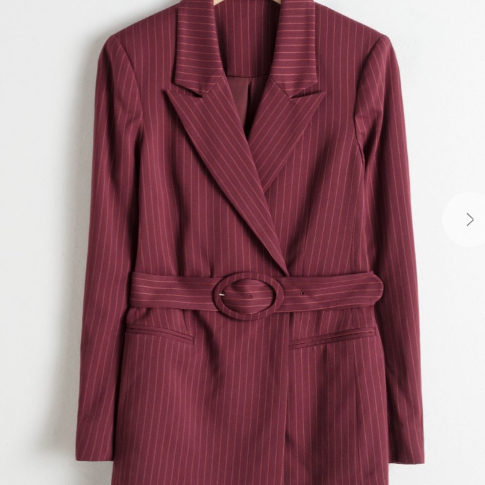 & Other Stores Burgundy Pinstripe Belted Blazer
